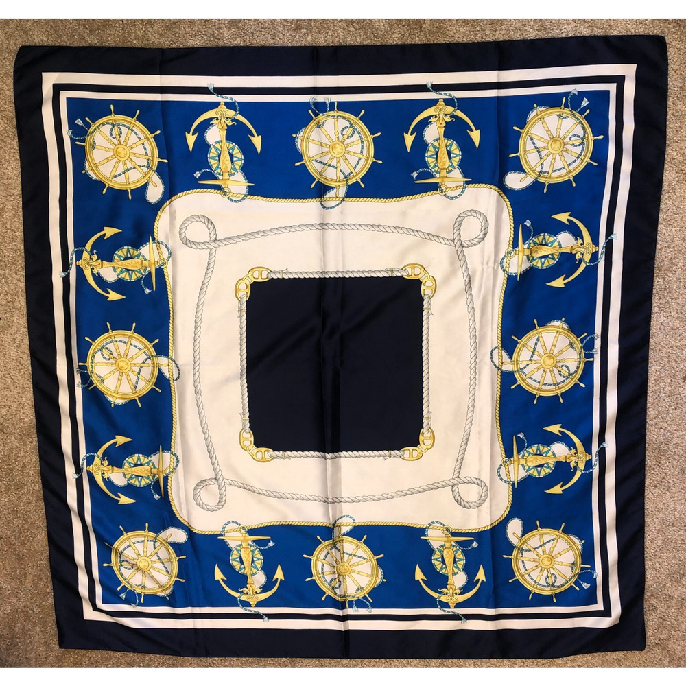 ITALIAN SCARF VTG NAUTICAL ART ROPES ANCHOR BLUE YELLOW 35" SQUARE 90's *READ*